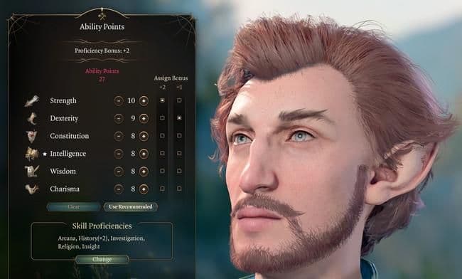 The Ability Scores menu in Baldur's Gate 3 character creation showing Strength, Dexterity, and other core stats.