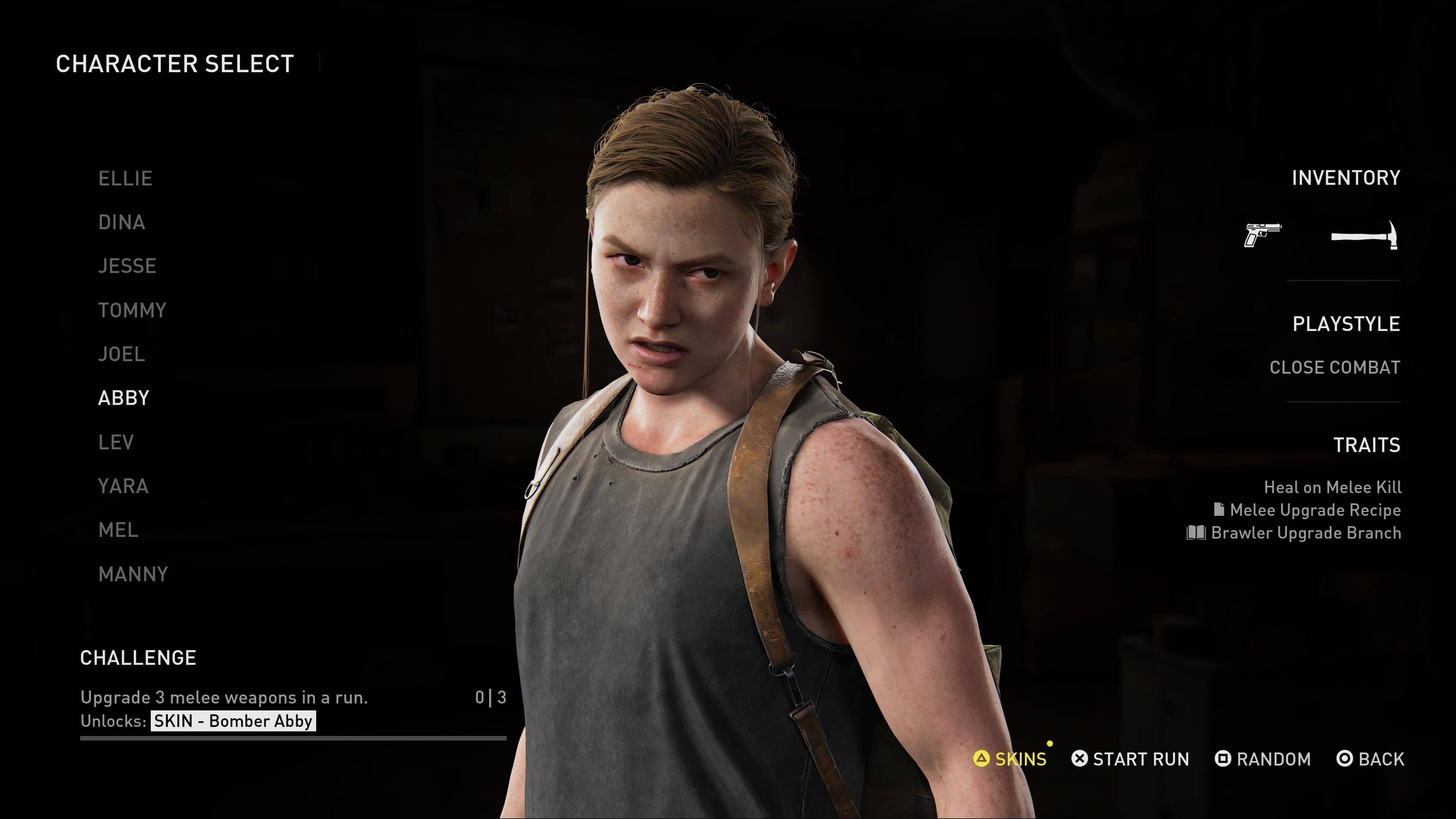 Abby stands on the No Return character selection screen in The Last of Us Part II with her starting hammer.
