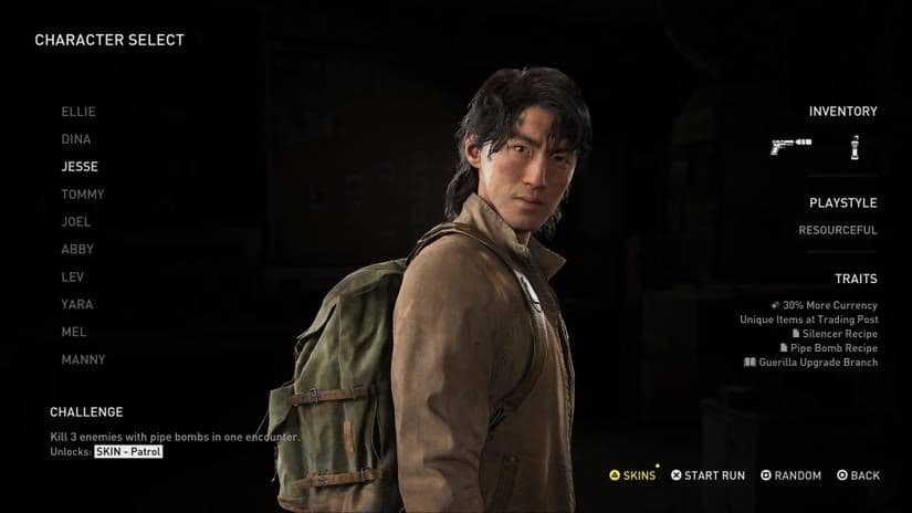 Jesse stands in the No Return character select screen in The Last of Us Part II Remastered.