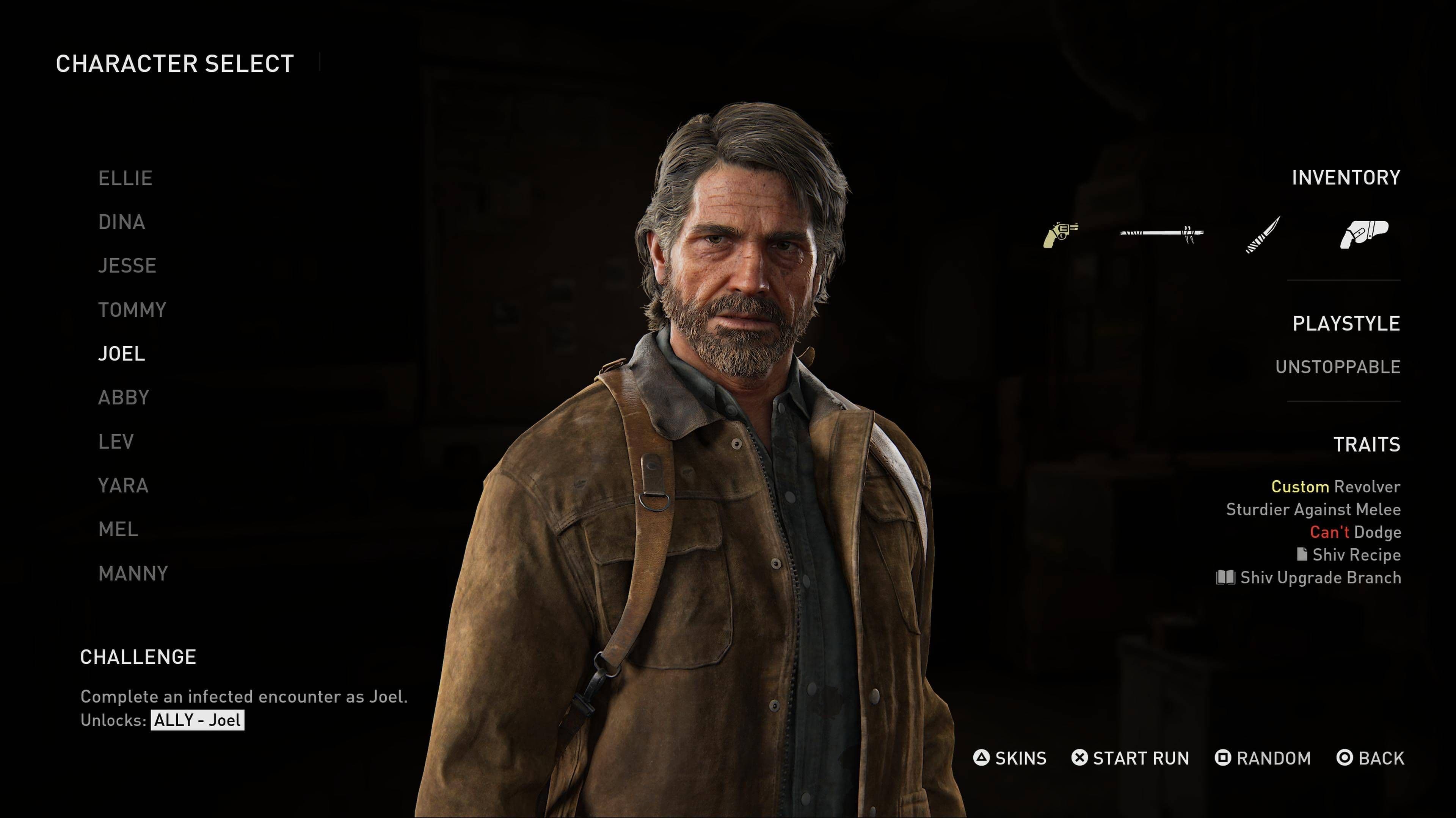 Joel stands in the character selection screen for The Last of Us Part II No Return mode showing his starting gear.
