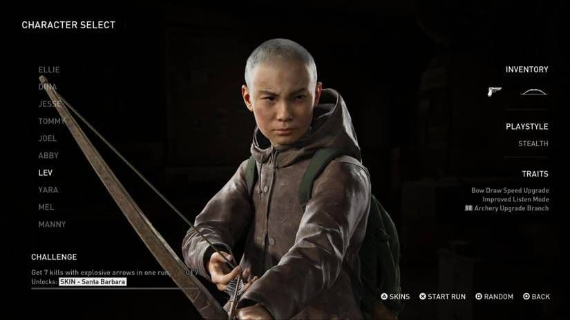 Lev stands ready in The Last of Us Part II No Return character select with his signature bow and pistol.