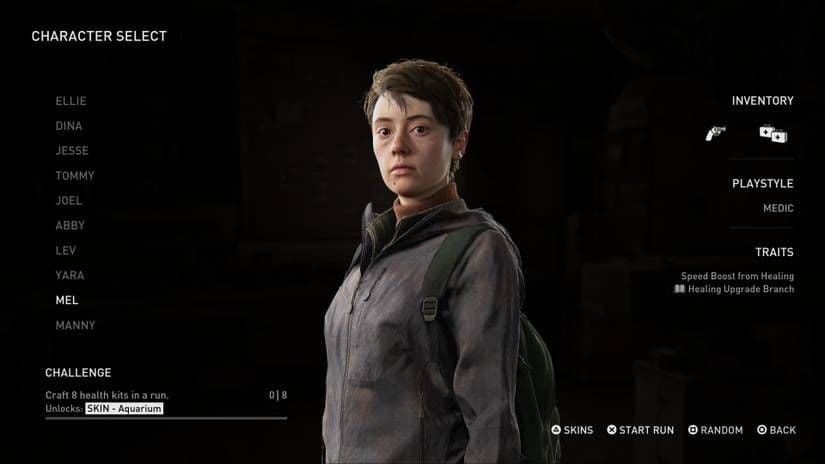 Mel stands in the character selection screen for The Last of Us Part II No Return mode.
