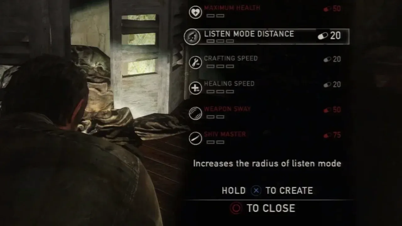 The Last of Us Part II character skill tree menu showing upgrades for Listen Mode, Crafting, and Healing Speed.