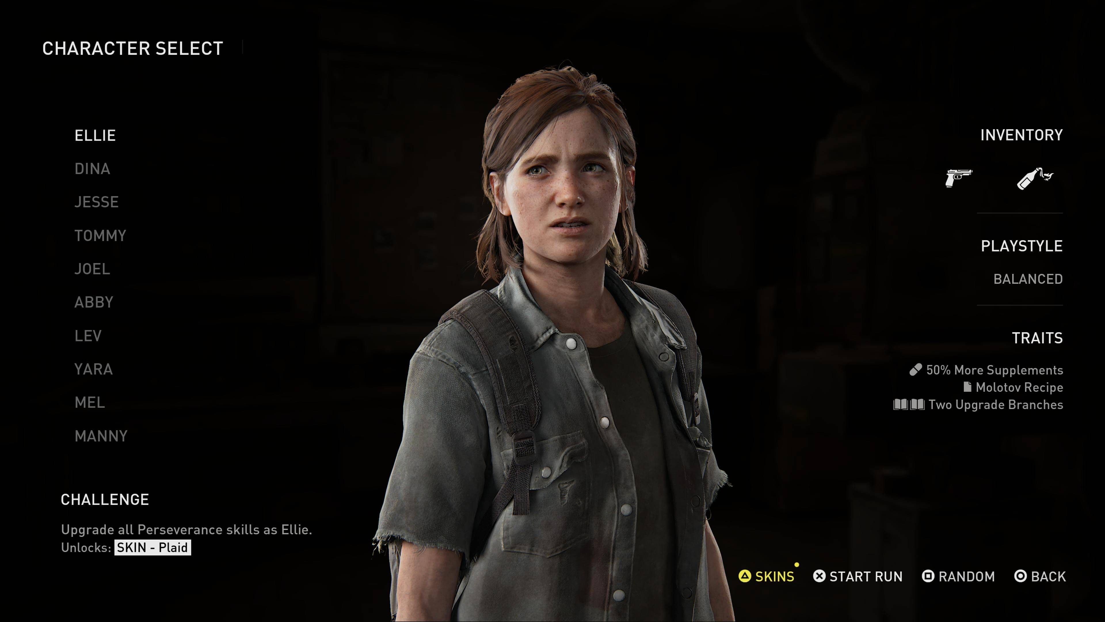 The Last of Us Part II No Return character selection screen featuring Ellie as the starting survivor.