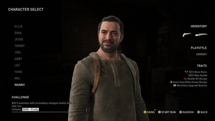 Manny in The Last of Us Part II No Return character select with Hunting Pistol and Rifle.