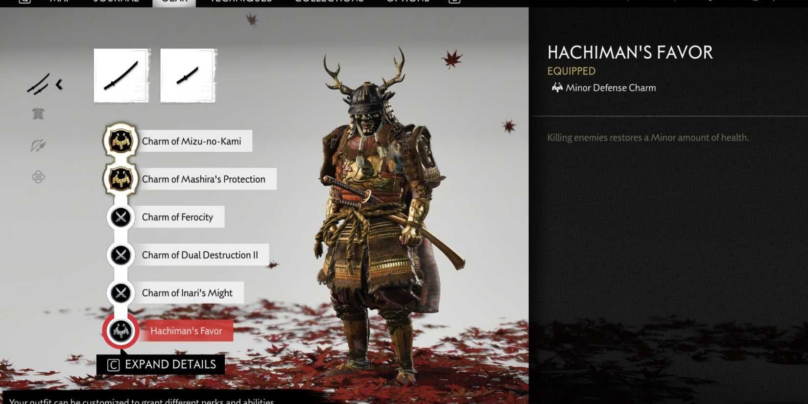 Jin Sakai in Gosaku armor within the Ghost of Tsushima customization menu with Hachiman's Favor.