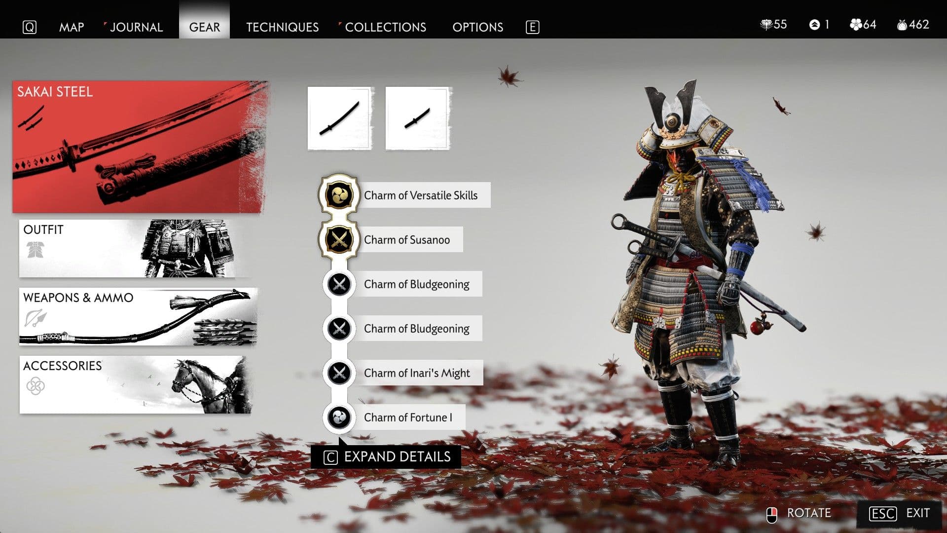 Ghost of Tsushima character customization screen highlighting charms and gear for gameplay builds.