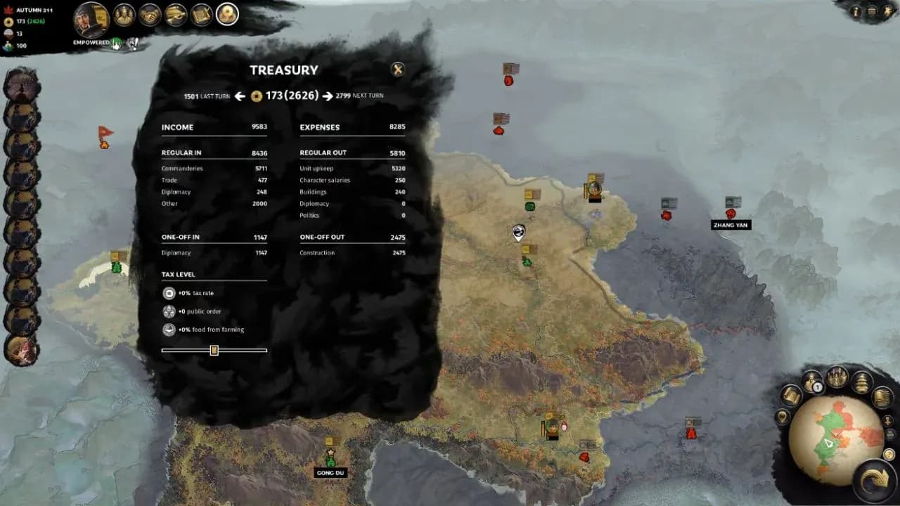War of the Three Kingdoms treasury overview map displaying regional commandery icons and economic faction markers.