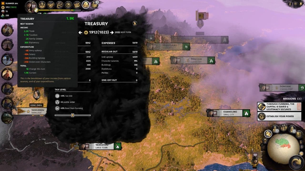 War of the Three Kingdoms game interface showing the treasury window with fiscal data and mission objectives.