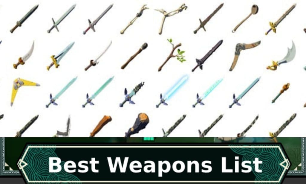 A collection of various swords and fused weapon combinations from Tears of the Kingdom.