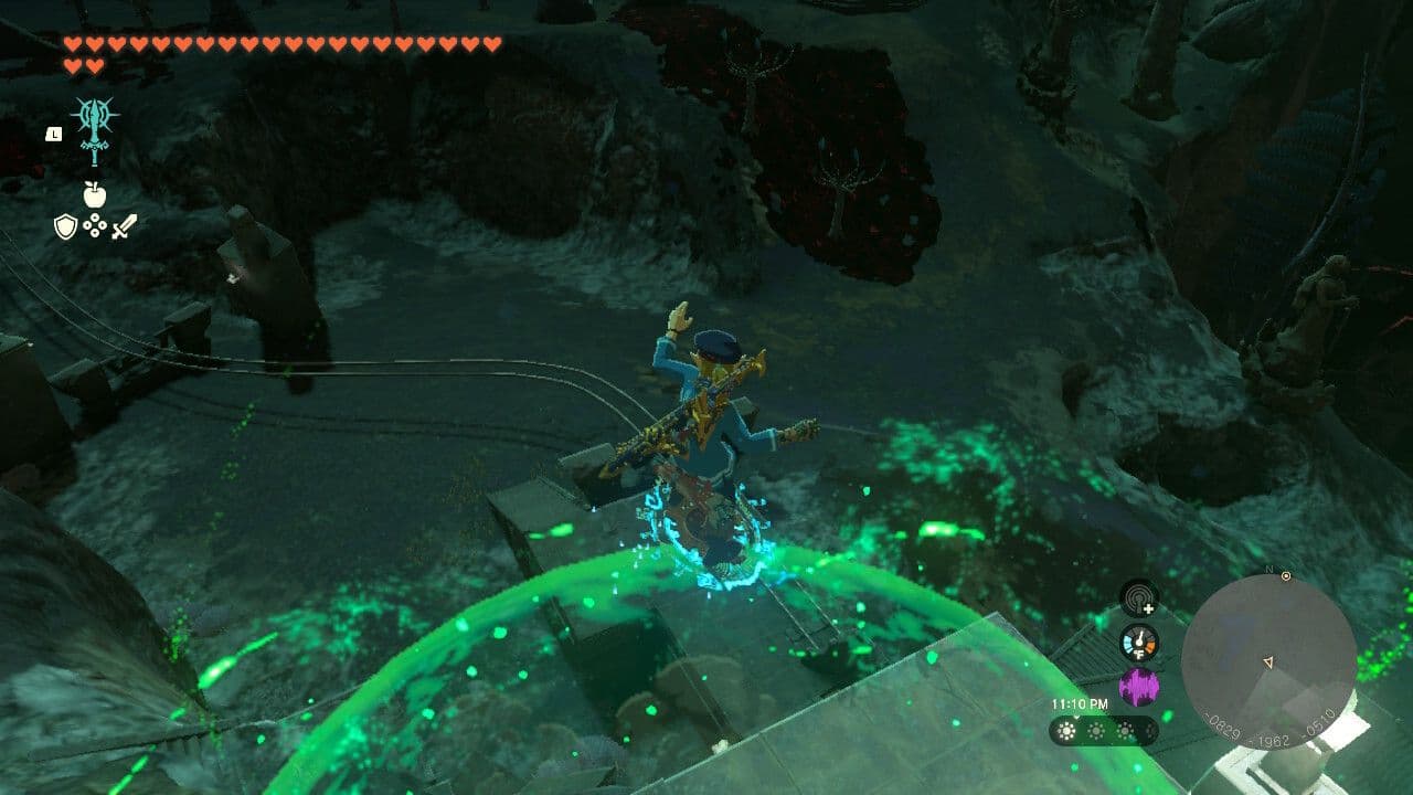 Link jumps and draws his bow in Zelda Tears of the Kingdom to slow down time for precise arrow shots.
