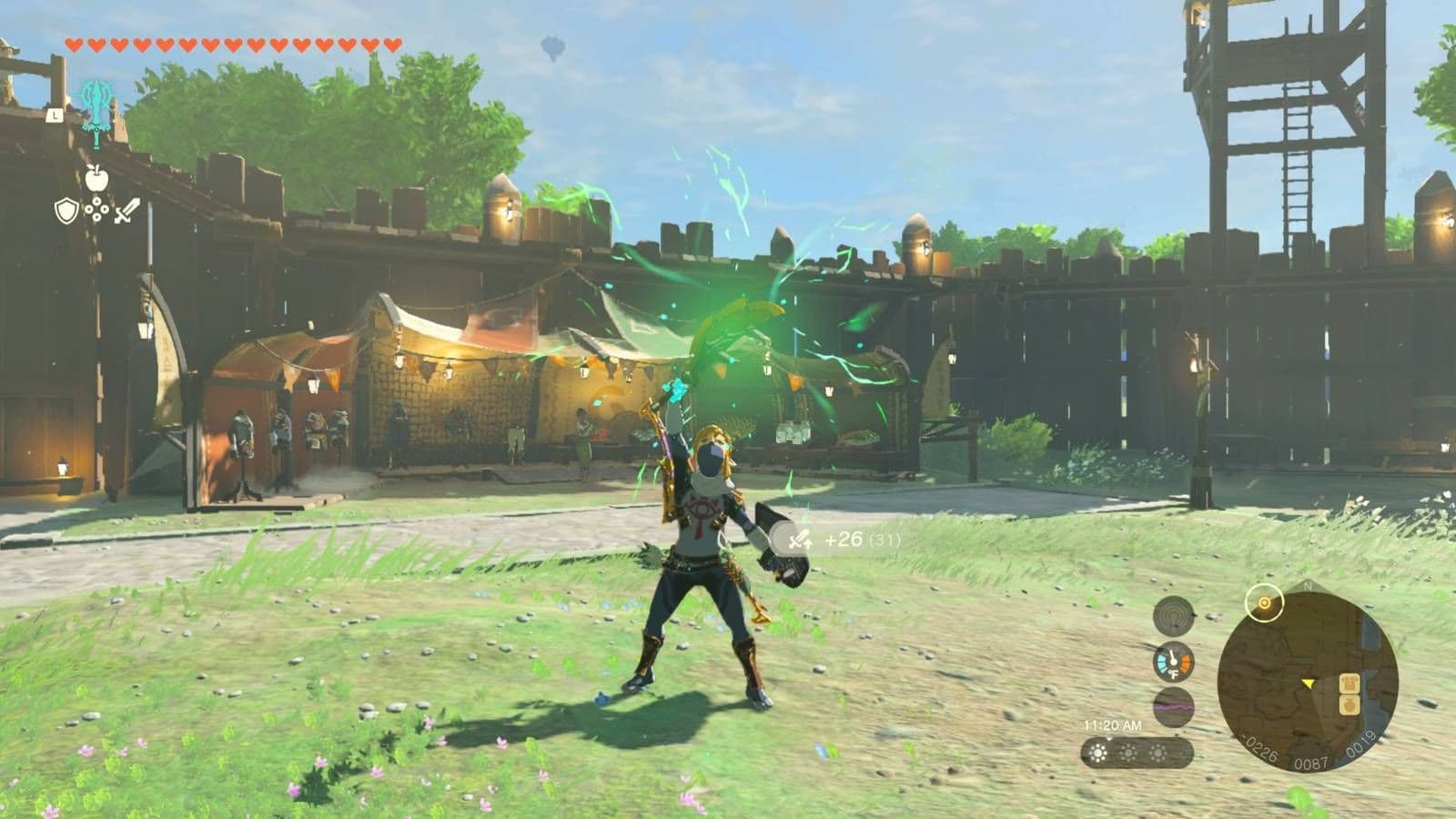 Link prepares for combat with a fused elemental weapon in Zelda Tears of the Kingdom.
