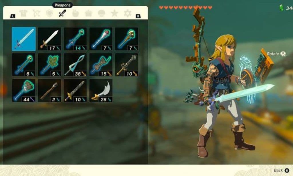A high damage weapon build in Zelda Tears of the Kingdom showing powerful fused combinations.
