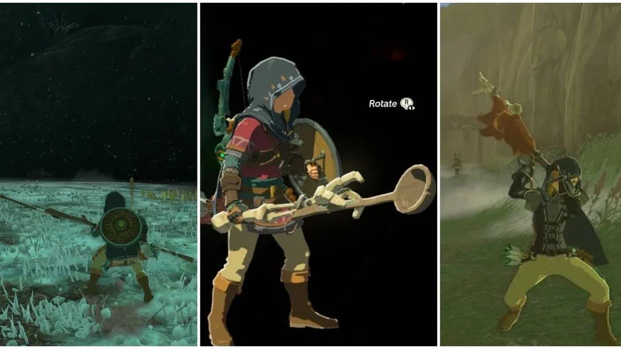 Link wields a makeshift fused weapon in a woodland area of Zelda Tears of the Kingdom.