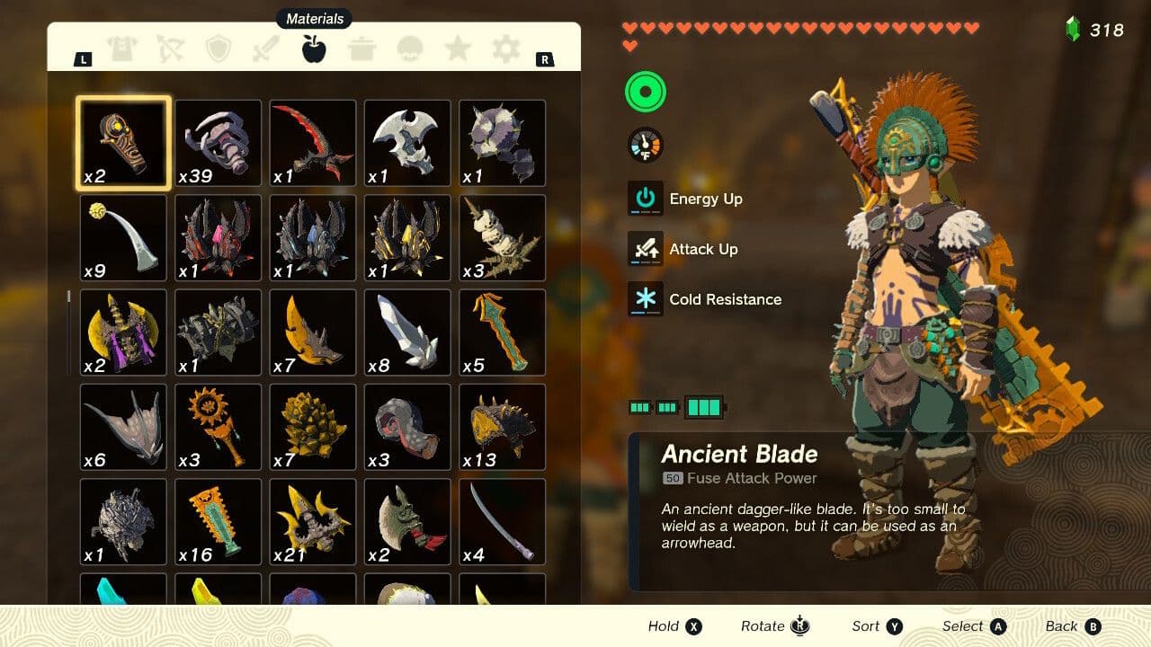 The Legend of Zelda: Tears of the Kingdom inventory screen showing Fuse attack power stats for weapons.