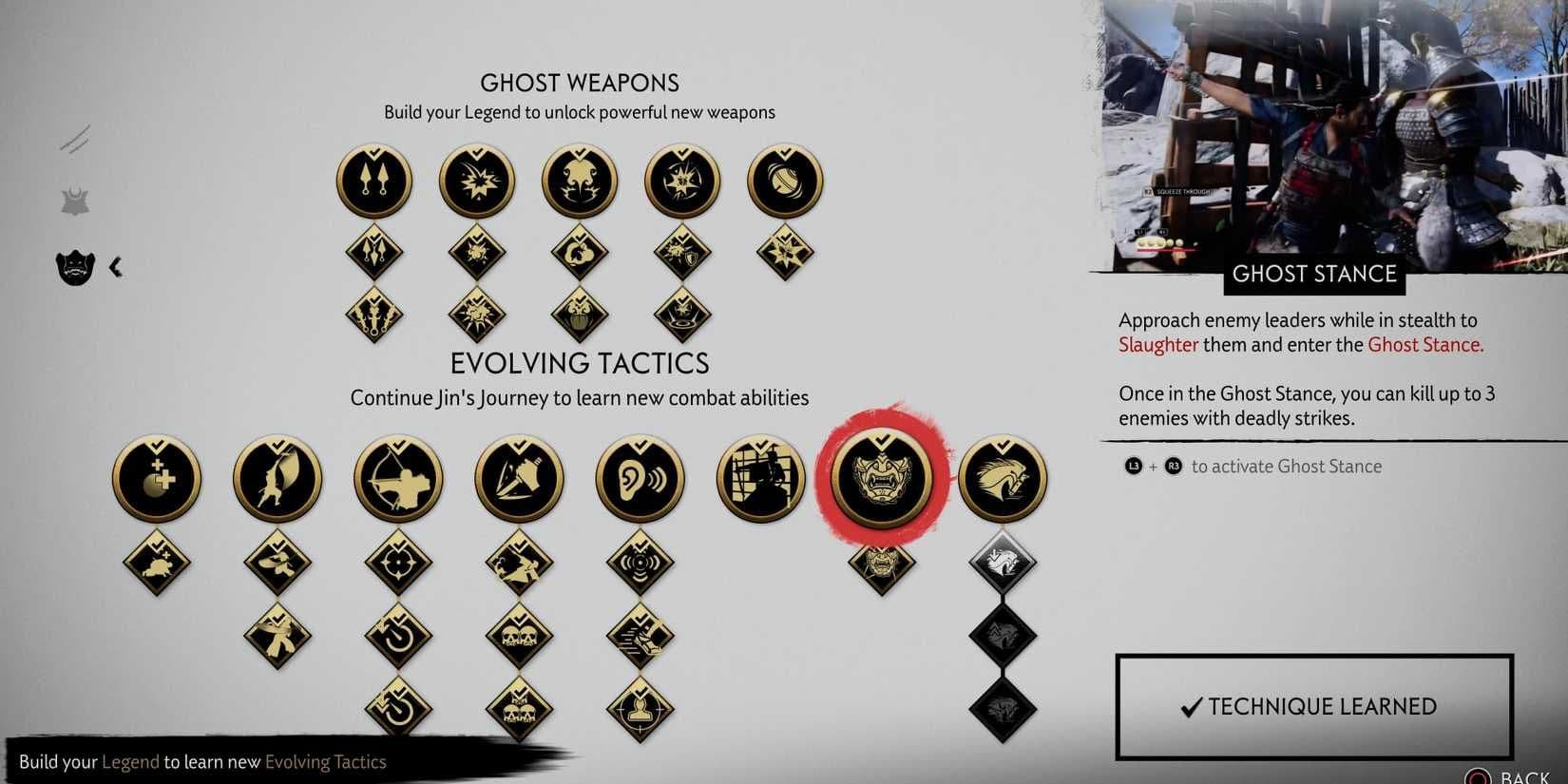 Ghost of Tsushima infographic highlighting early game Evolving Tactics and stealth kill progression.