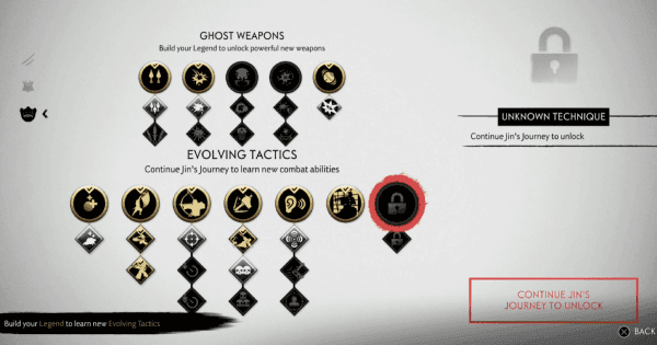 Ghost of Tsushima skill tree menu showing Ghost Weapons and Evolving Tactics upgrade paths.