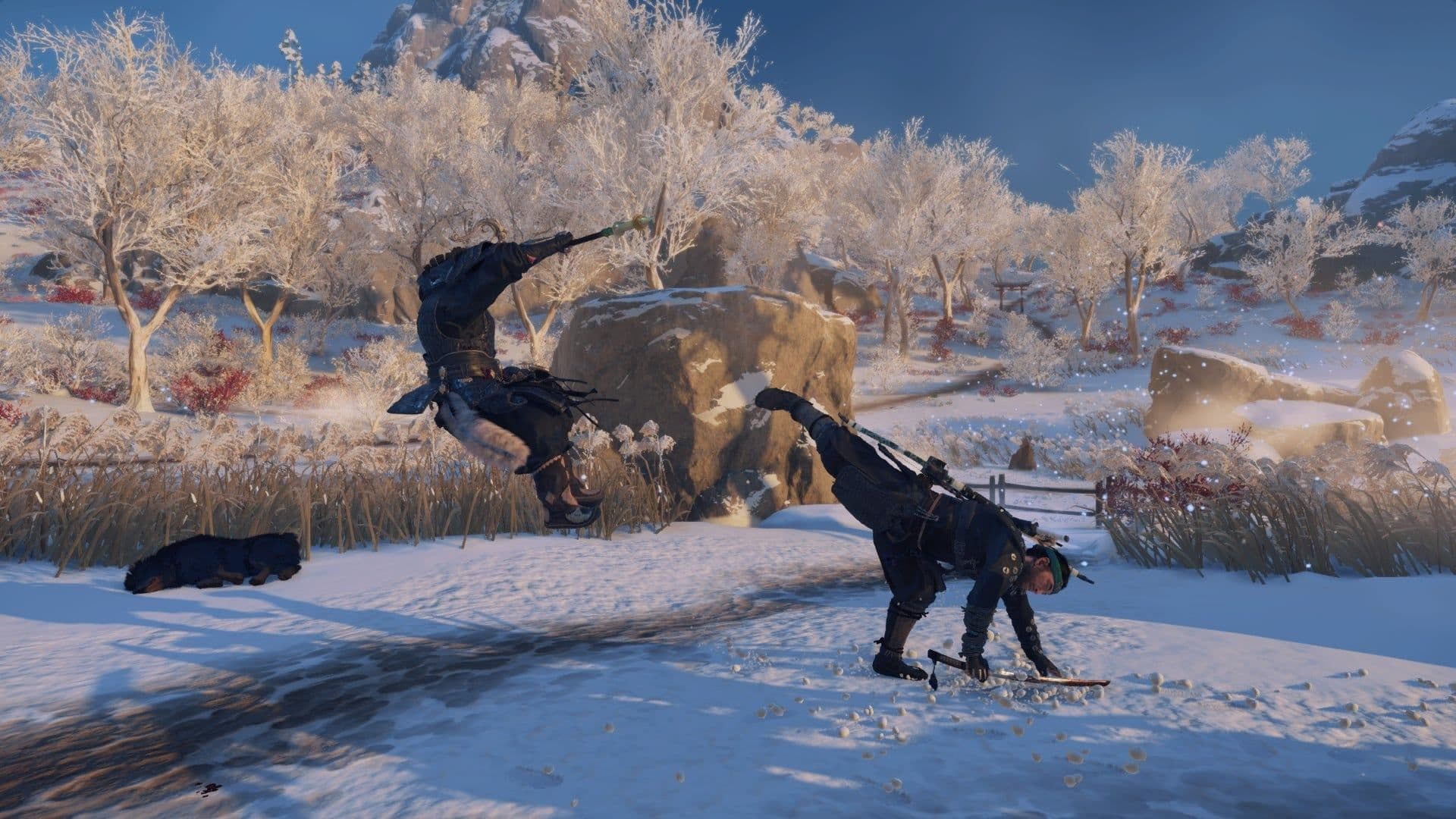 Jin Sakai performs a Wind Stance kick in Ghost of Tsushima to stagger enemies.