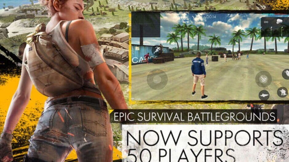 Free Fire character aiming a rifle during a high-intensity battle royale match.