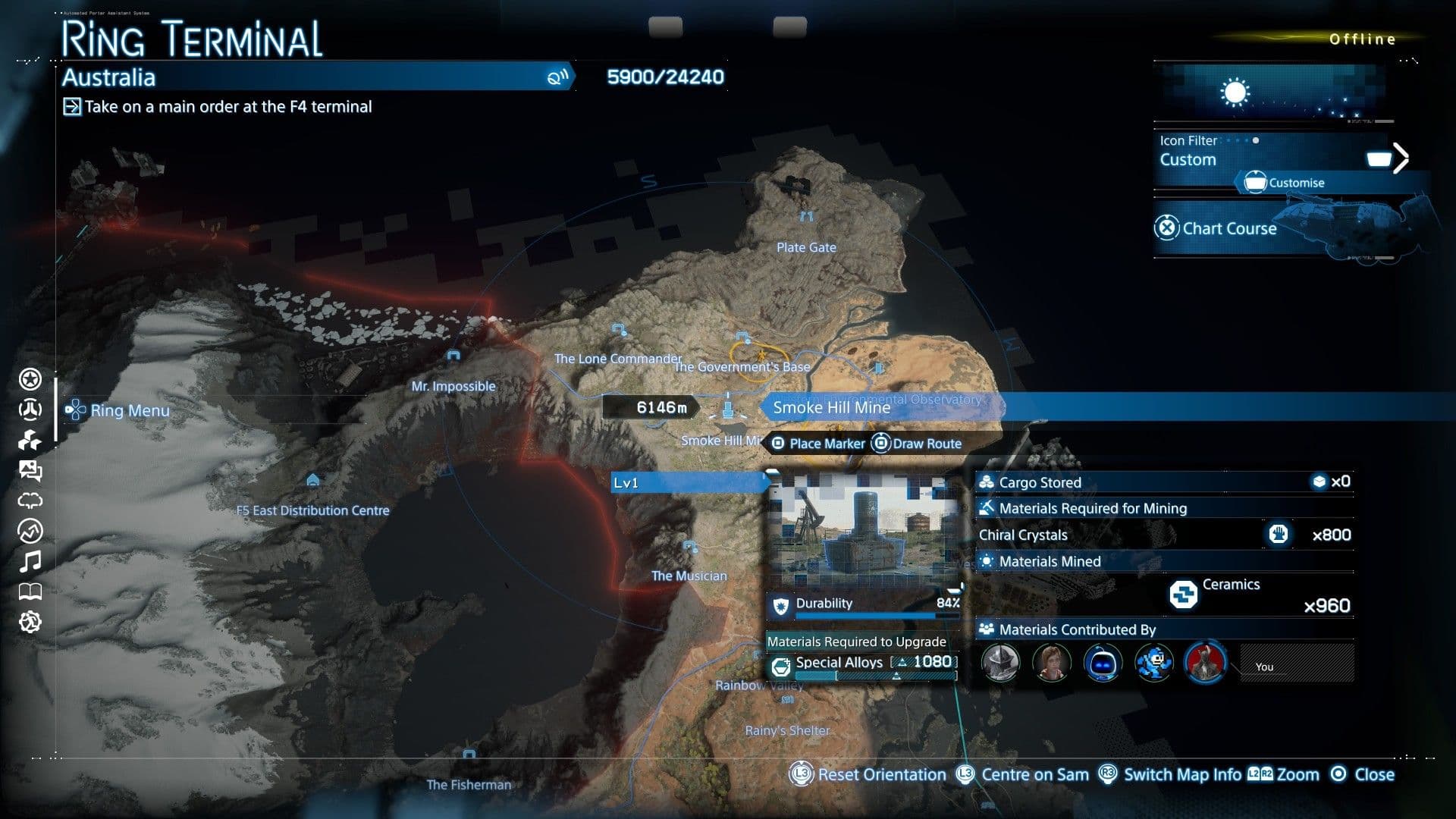 Map location of the Smoke Hill Mine for farming Ceramics in Death Stranding 2