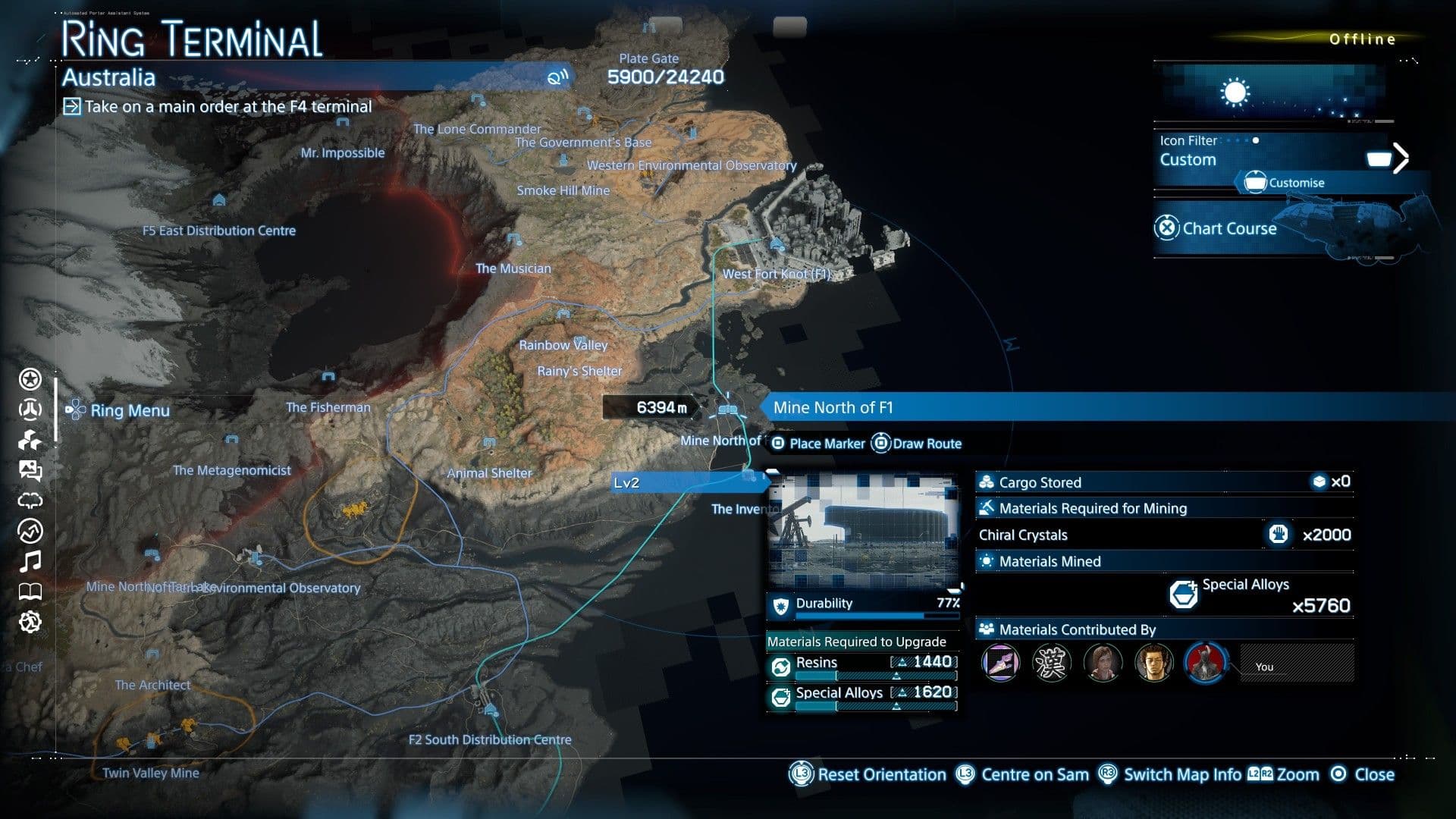 Map showing the Mine North of F1 location for farming Special Alloys in Death Stranding 2.