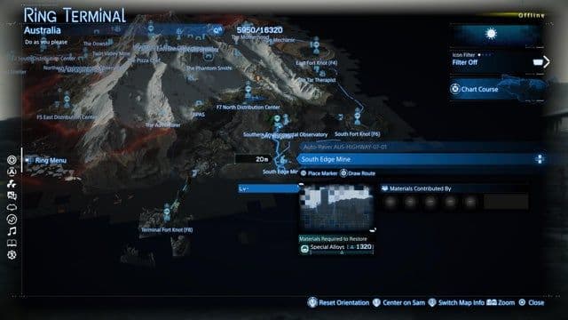 A detailed map of the South Edge Mine in Death Stranding 2 showing repair costs and resource yields.