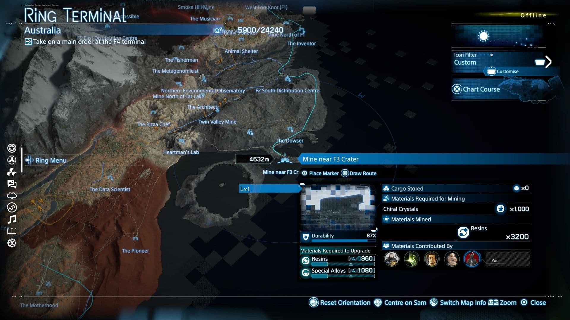 A map showing the location of the Mine near F3 Crater for farming Resin in Death Stranding 2.