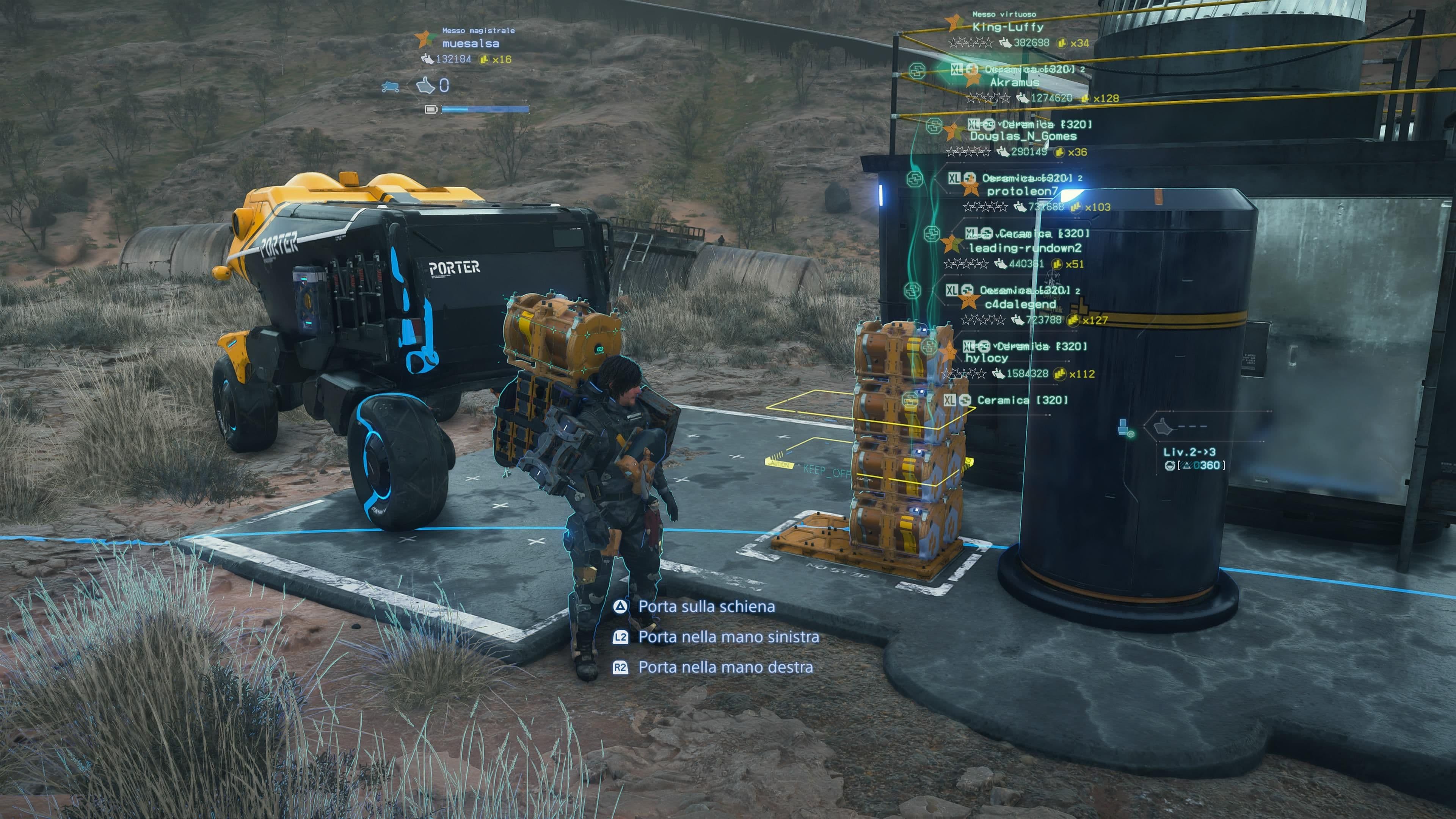 A character in Death Stranding 2 stands next to a large mining machine and stacks of resource containers.
