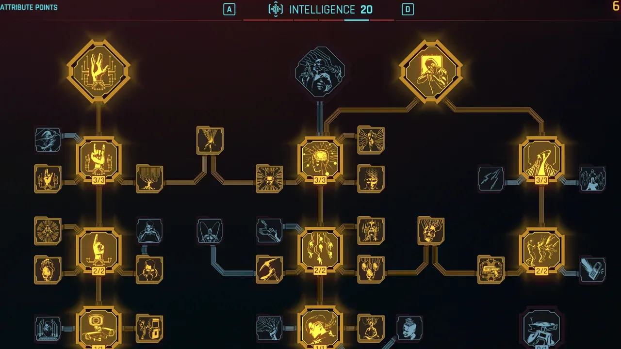 The Intelligence skill tree in Cyberpunk 2077 highlighting perks for a powerful Netrunner character.