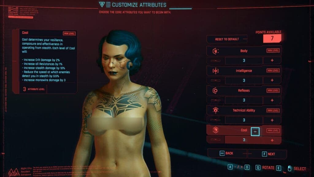 Pantalla de creación de personajes de Cyberpunk 2077 que muestra el menú de distribución de puntos de atributos iniciales.