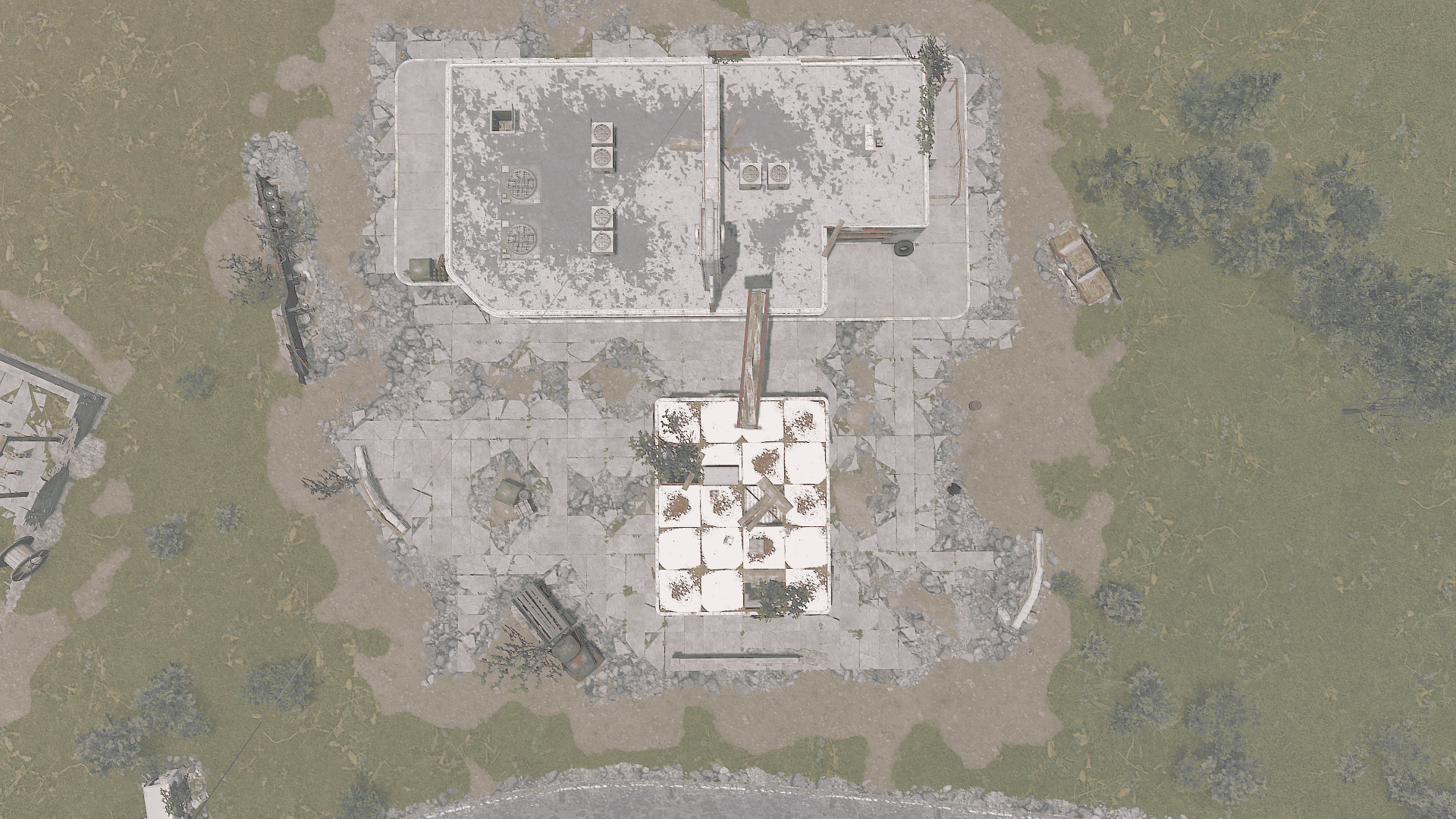 Overhead view of the Oxum's Gas Station monument in Rust showing its single building and forecourt