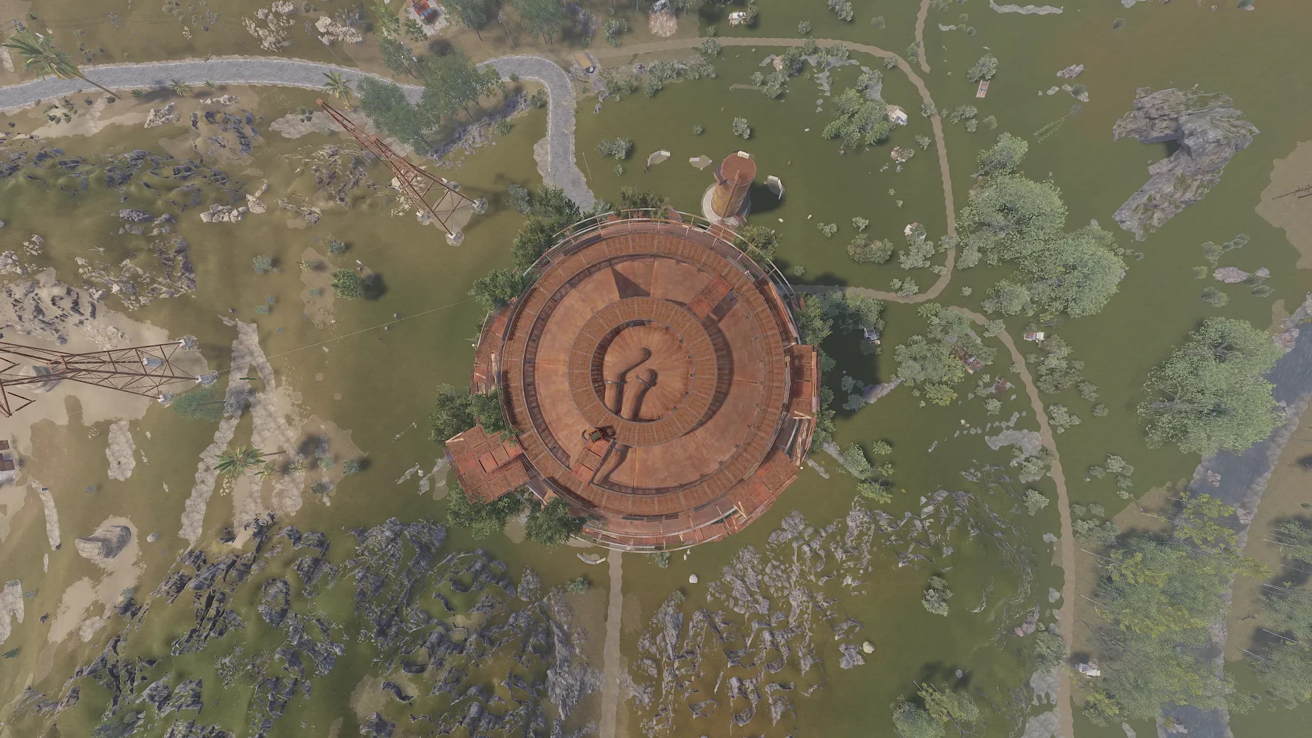 Overhead view of the top ring of the Dome monument in Rust, where its Military Crates spawn