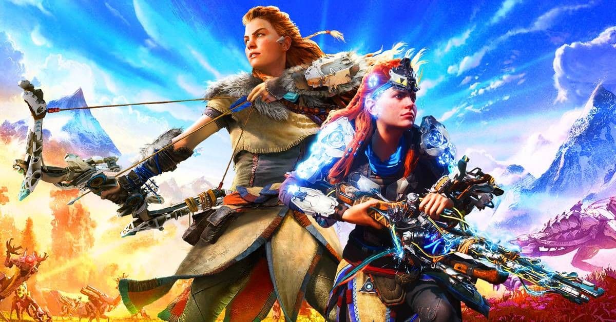 Aloy and another character wielding tribal bows and high-tech weapons in Horizon Zero Dawn.