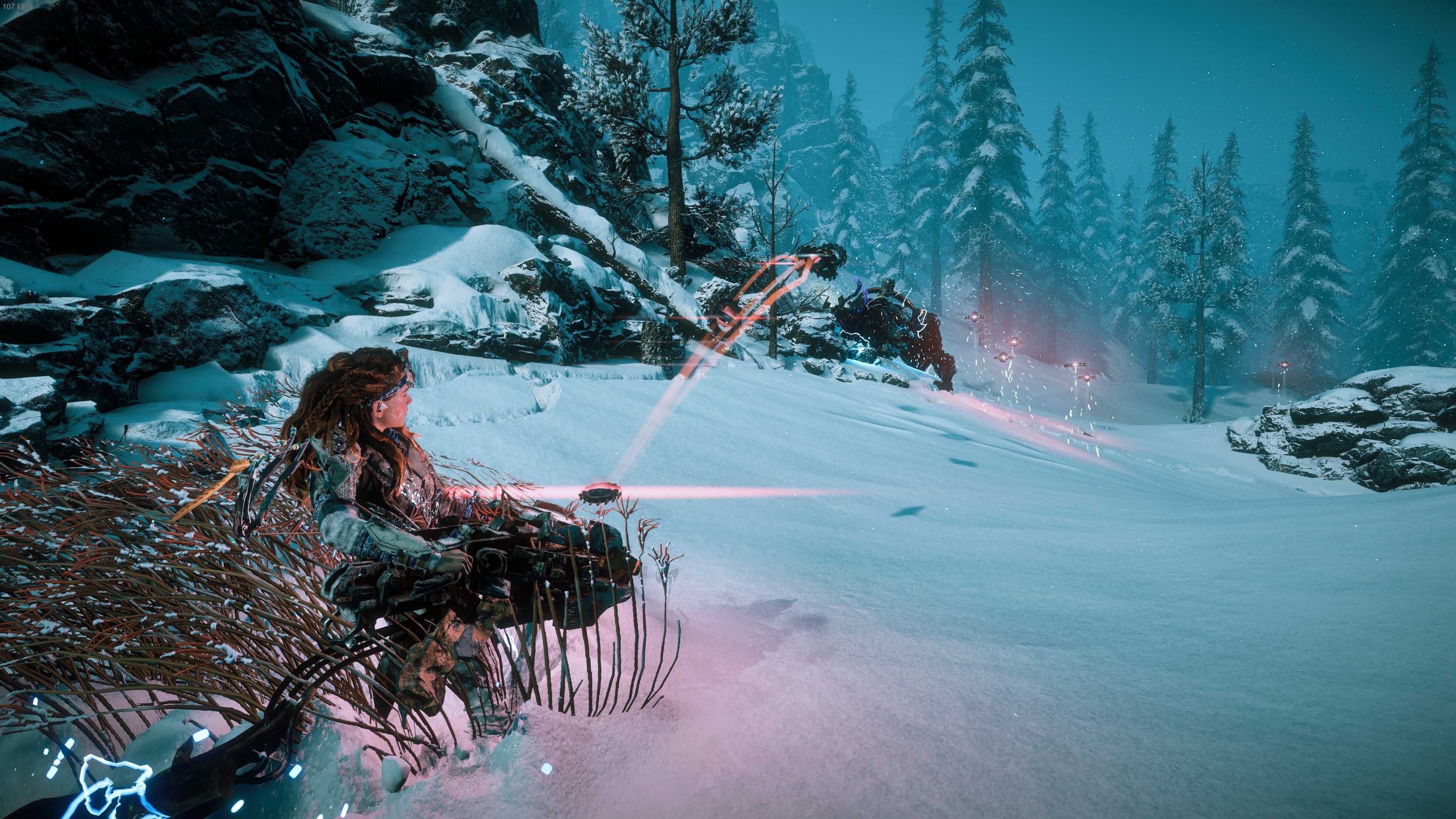 Aloy fighting a Scorcher in the Frozen Wilds expansion of Horizon Zero Dawn.