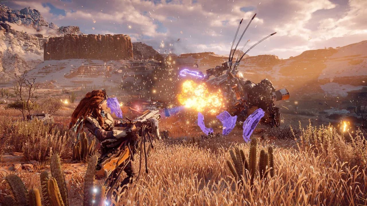 Aloy uses a powerful Disc Launcher to blast a Thunderjaw in Horizon Zero Dawn, showcasing high-tech heavy weaponry.