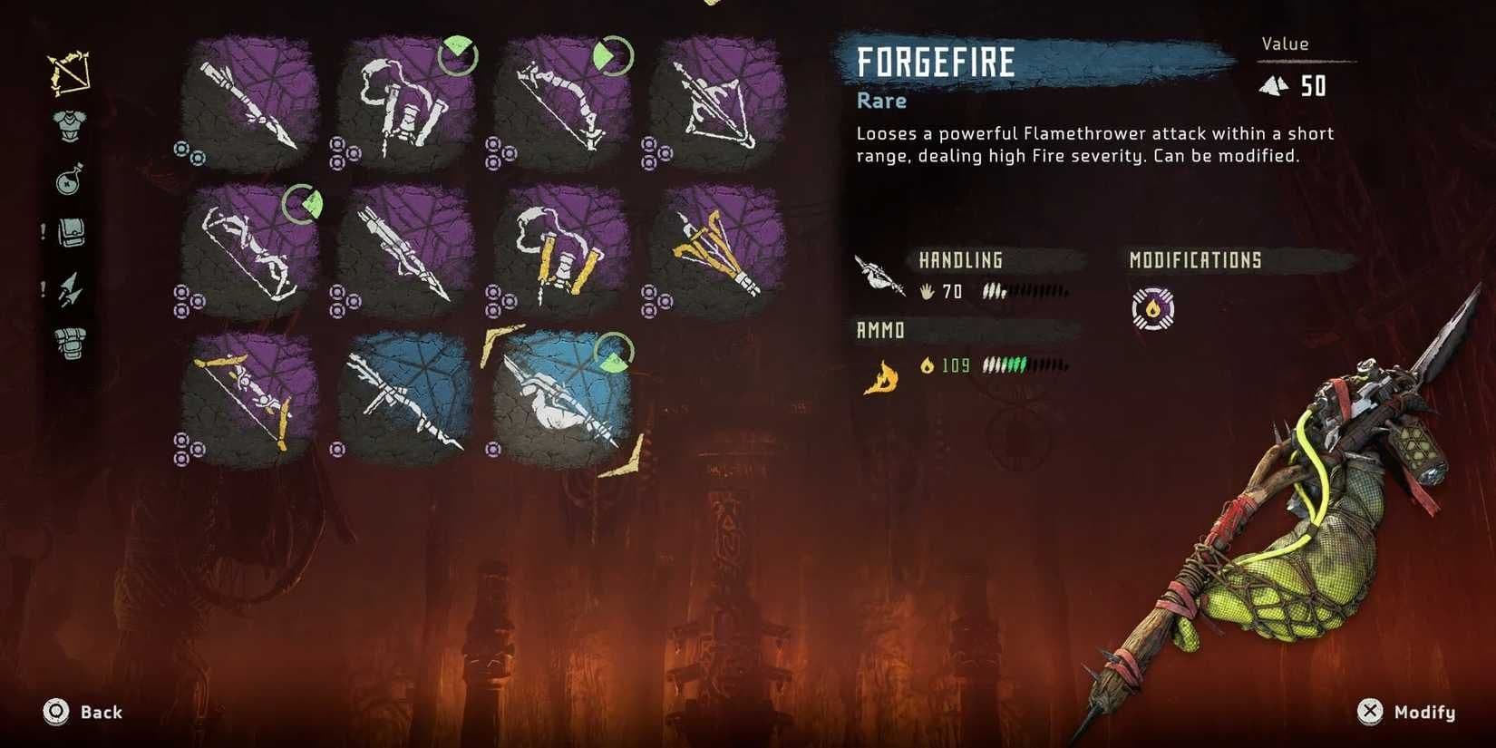 The menu interface shows details for the Forgefire elemental weapon in Horizon Zero Dawn.