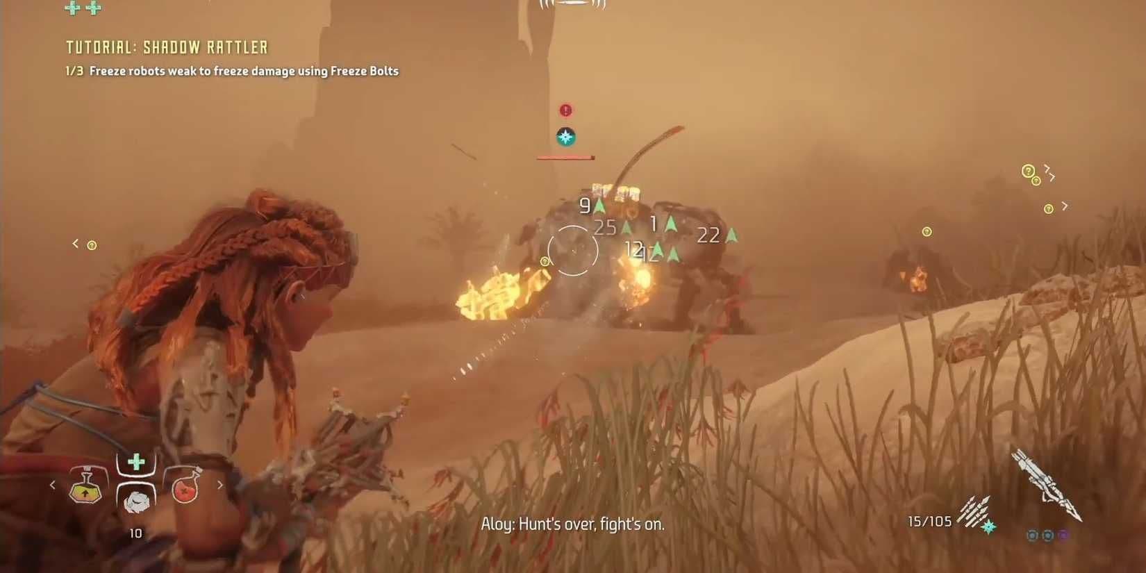 Aloy completes the Shadow Rattler tutorial in Horizon Zero Dawn to master the close-quarters weapon.