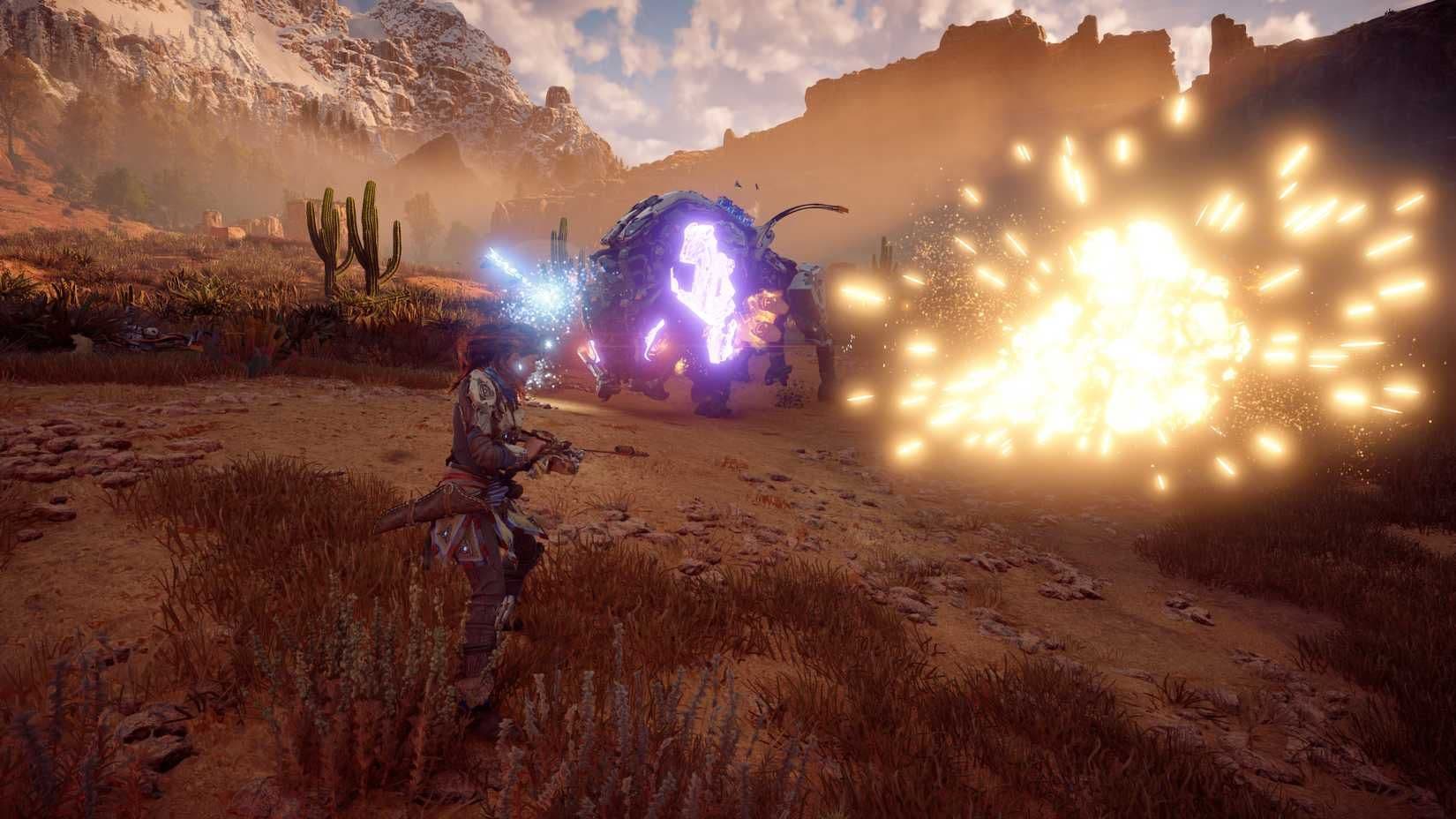 Aloy uses the Shadow Tripcaster to set a blast tripwire trap for a machine in Horizon Zero Dawn.