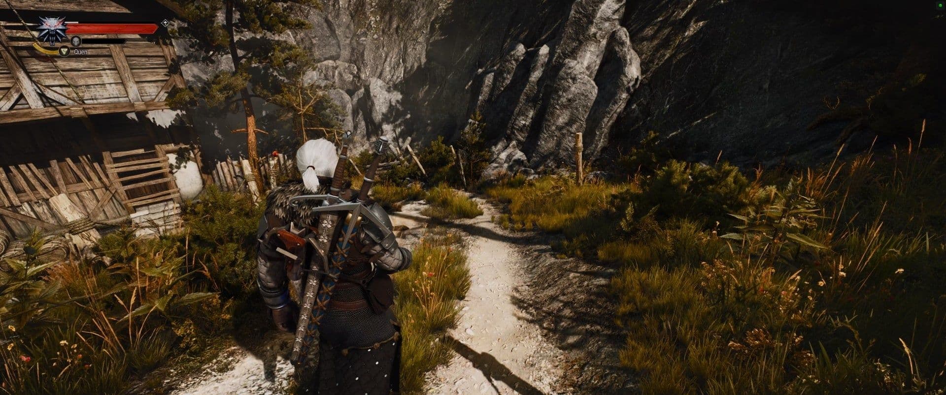 Geralt walking in The Witcher 3 Wild Hunt using the alternative camera mode.
