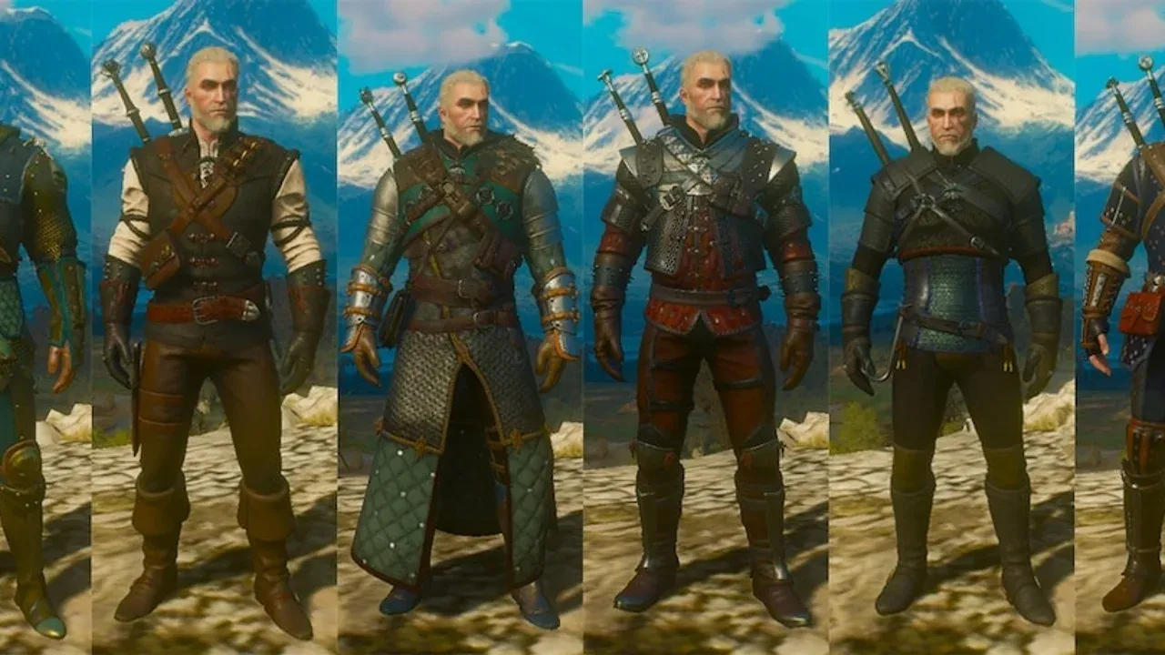 A lineup of seven different Witcher school gear sets for Geralt in The Witcher 3 Wild Hunt against a mountain backdrop.