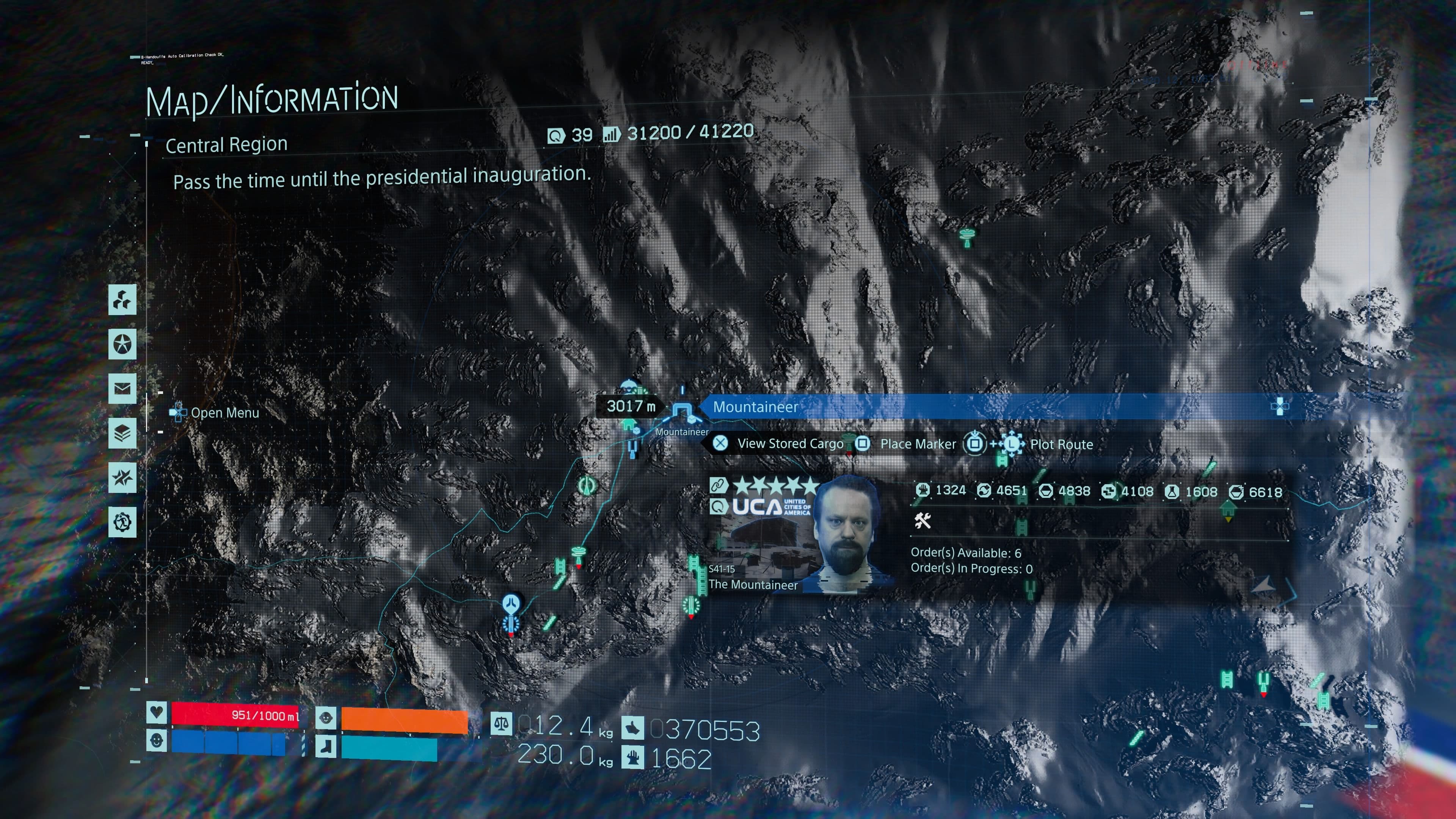 Death Stranding Mountaineer location for high-altitude zipline network planning.