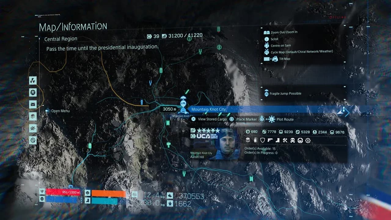 The snowy peaks of Mountain Knot City in Death Stranding, a primary location for establishing complex zipline networks.