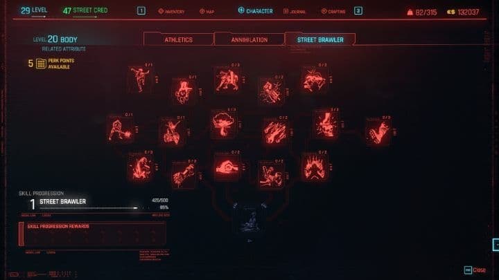 Cyberpunk 2077 Street Brawler perk tree for blunt weapons