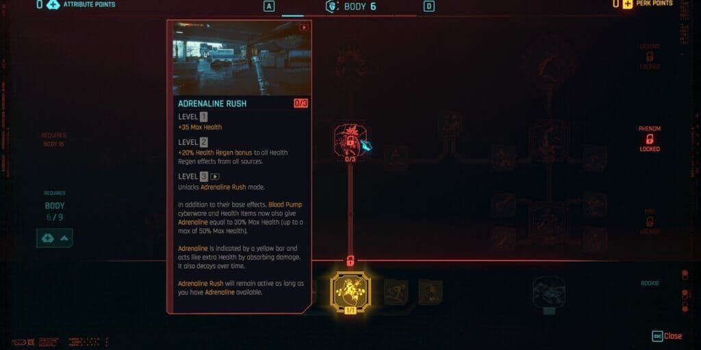 Cyberpunk 2077 Body perk tree with Adrenaline Rush selected