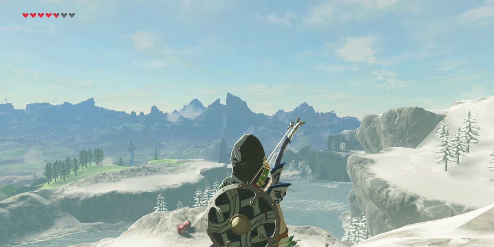 Link stands on the Great Plateau in Breath of the Wild, preparing for harsh weather conditions.