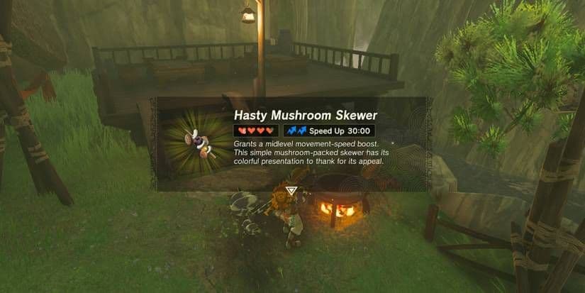 A Hasty Mushroom Skewer recipe card in The Legend of Zelda: Breath of the Wild showing speed boost effects.