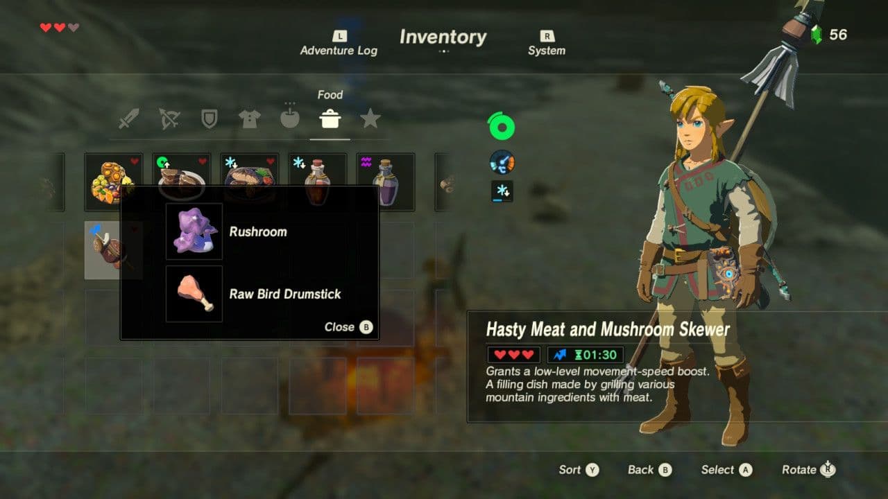 Link cooking a recipe in a pot to add status effects in The Legend of Zelda: Breath of the Wild.