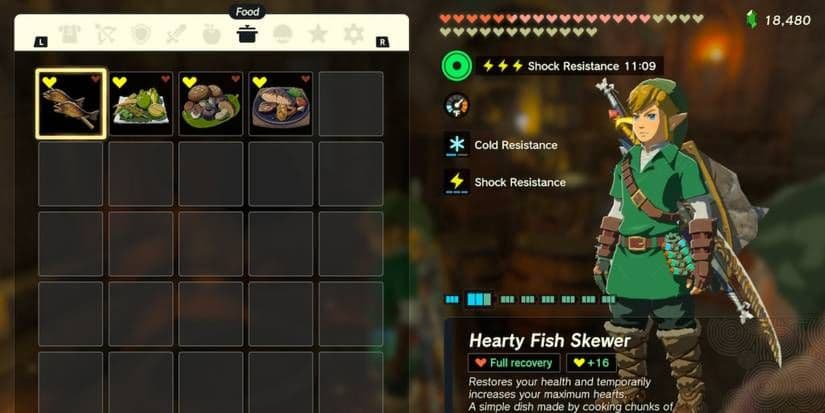 The Legend of Zelda Breath of the Wild inventory menu showing a Hearty Fish Skewer with full recovery effects.