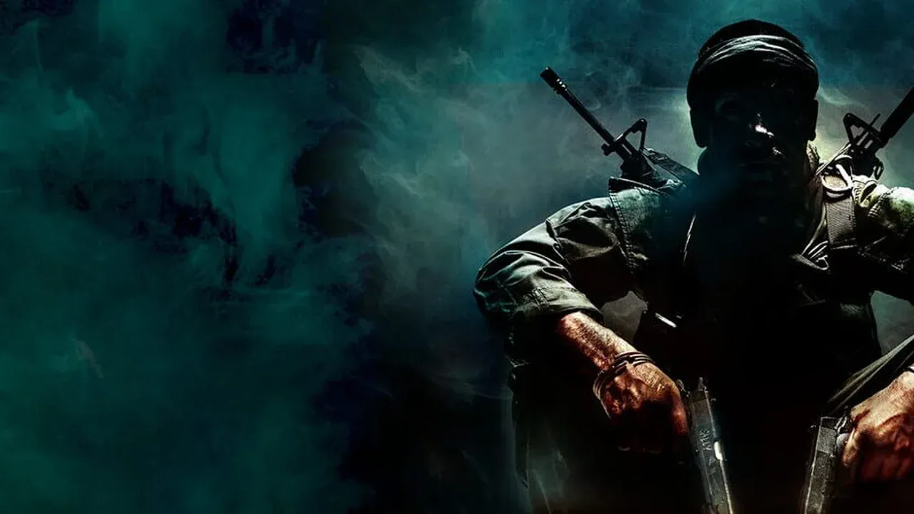 Official Call of Duty: Black Ops artwork featuring a soldier holding dual pistols in a dark, cinematic setting.