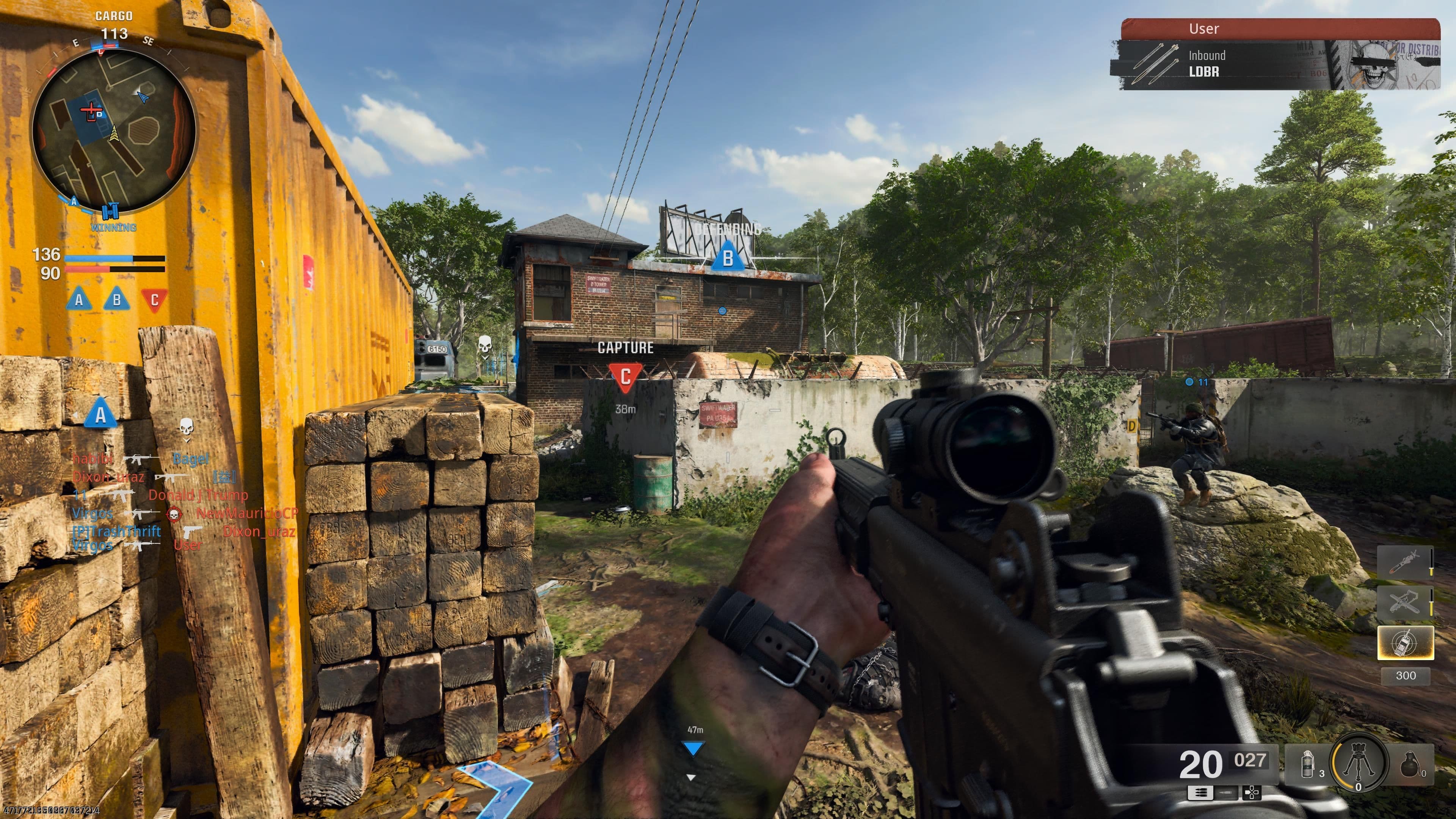 A first-person view of Call of Duty: Black Ops 6 multiplayer gameplay showing tactical movement in a war-torn environment.